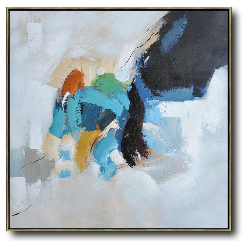 Abstract Painting Extra Large Canvas Art,Oversized Contemporary Art,Modern Art Abstract Painting,Black,White,Sky Blue,Green,Yellow.etc